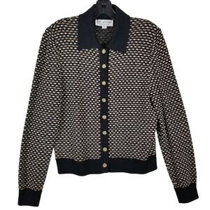St John Collection Marie Gray Cardigan Sweater Black Tan Knit Gold Button Size 8